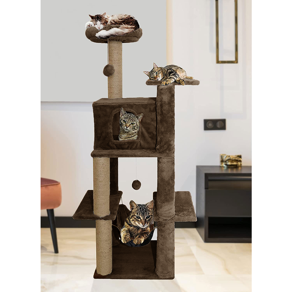 Furrlovers Multilevel Soft Fur Cat Tree with Condo, Hammock & Sisal Scratching Posts (Brown)