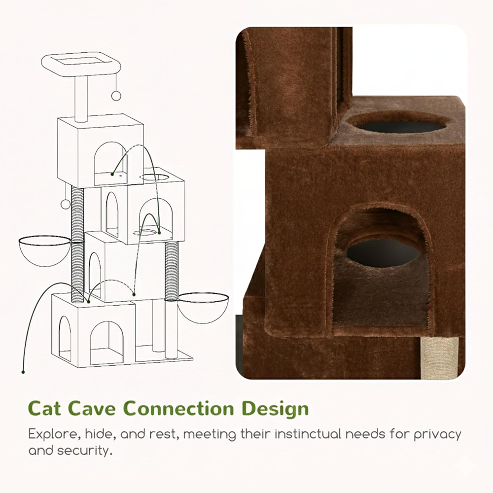 Furrlovers Multilevel Plush Cat Tree with Condo, Hammock & Jute Rope Scratching Posts (Brown)