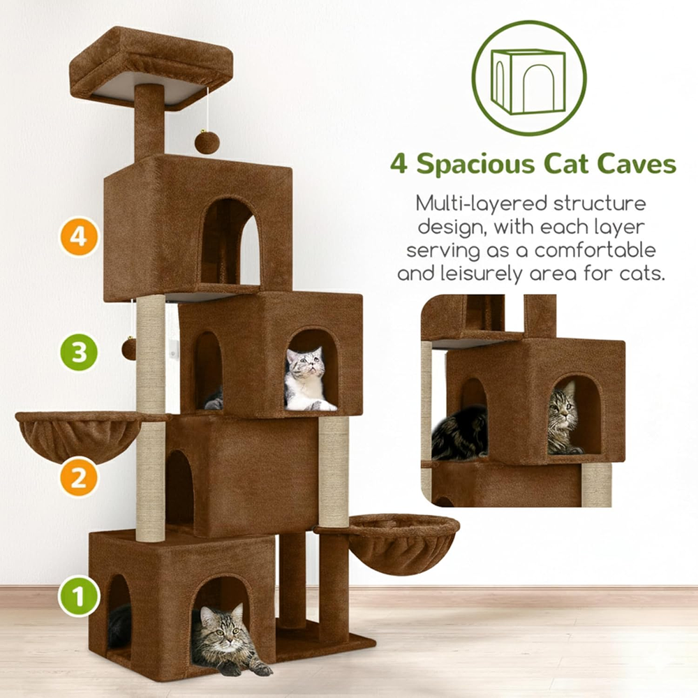 Furrlovers Multilevel Plush Cat Tree with Condo, Hammock & Jute Rope Scratching Posts (Brown)