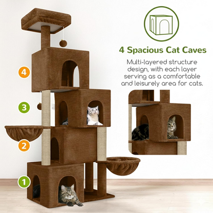 Furrlovers Multilevel Plush Cat Tree with Condo, Hammock & Jute Rope Scratching Posts (Brown)