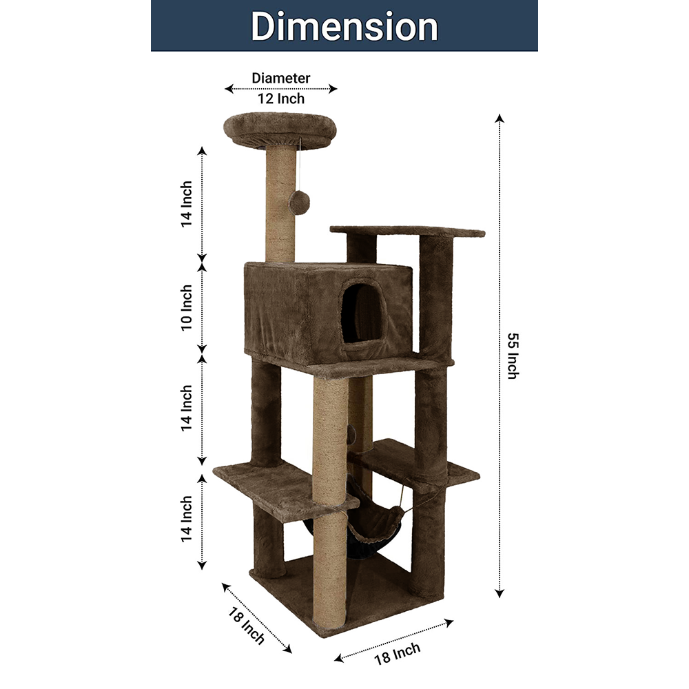 Furrlovers Multilevel Soft Fur Cat Tree with Condo, Hammock & Sisal Scratching Posts (Brown)