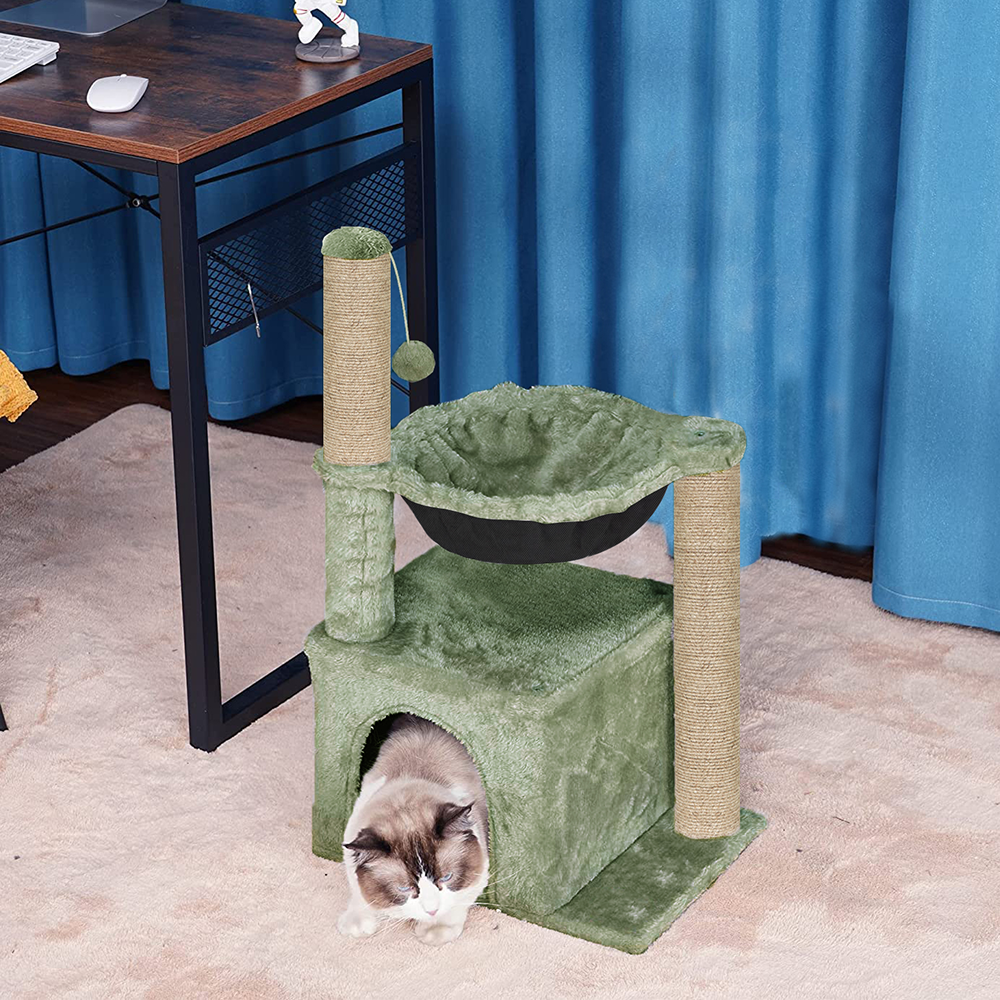 Furrlovers Plush Activity Cat Tree with Condo, Hammock & Jute Rope Scratching Posts for Kittens (Green)