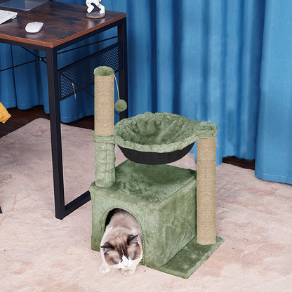 Furrlovers Plush Activity Cat Tree with Condo, Hammock & Jute Rope Scratching Posts for Kittens (Green)