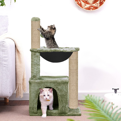 Furrlovers Plush Activity Cat Tree with Condo, Hammock & Jute Rope Scratching Posts for Kittens (Green)