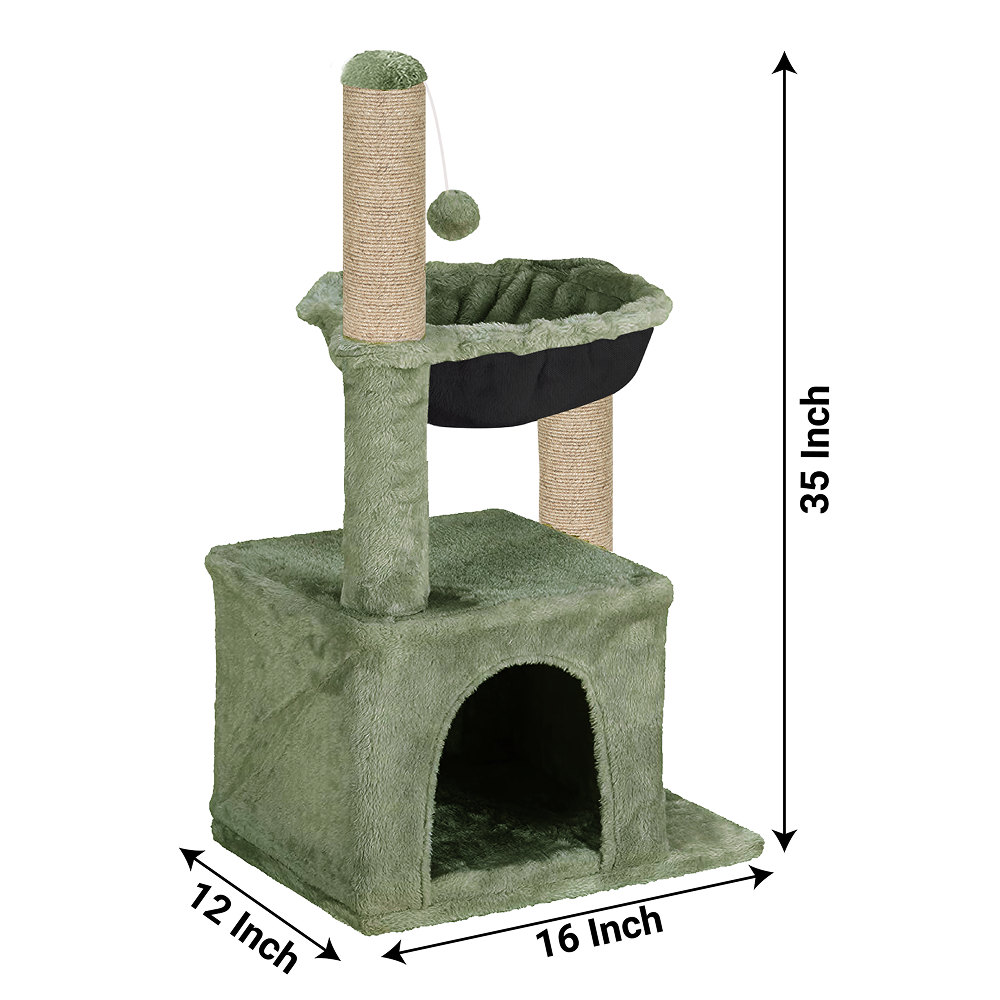 Furrlovers Plush Activity Cat Tree with Condo, Hammock & Jute Rope Scratching Posts for Kittens (Green)
