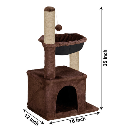 Furrlovers Plush Activity Cat Tree with Condo, Hammock & Jute Rope Scratching Posts for Kittens (Brown)