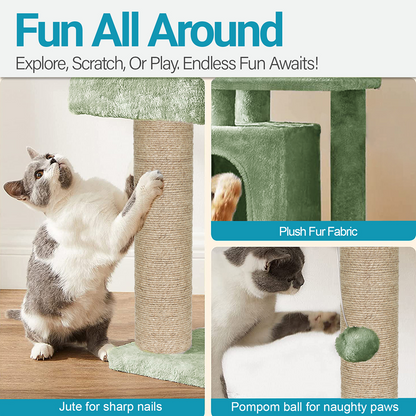 Furrlovers Plush Cat Scratching Post & Activity Tree with Hammock, Condo & Sisal Rope (Green)