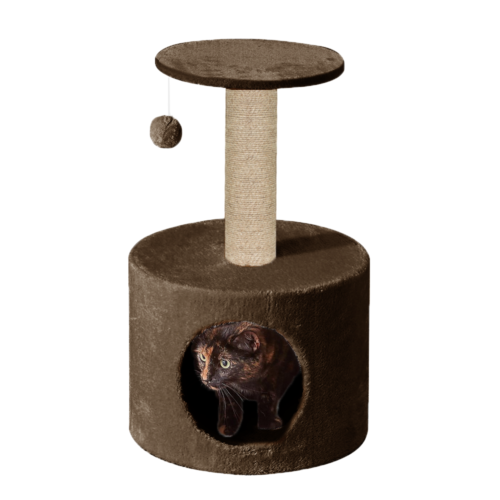 Furrlovers Plush Fur Cat Tree Condo with Jute Rope & Hanging Ball (Brown)