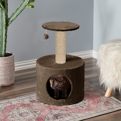 Furrlovers Plush Fur Cat Tree Condo with Jute Rope & Hanging Ball (Brown)