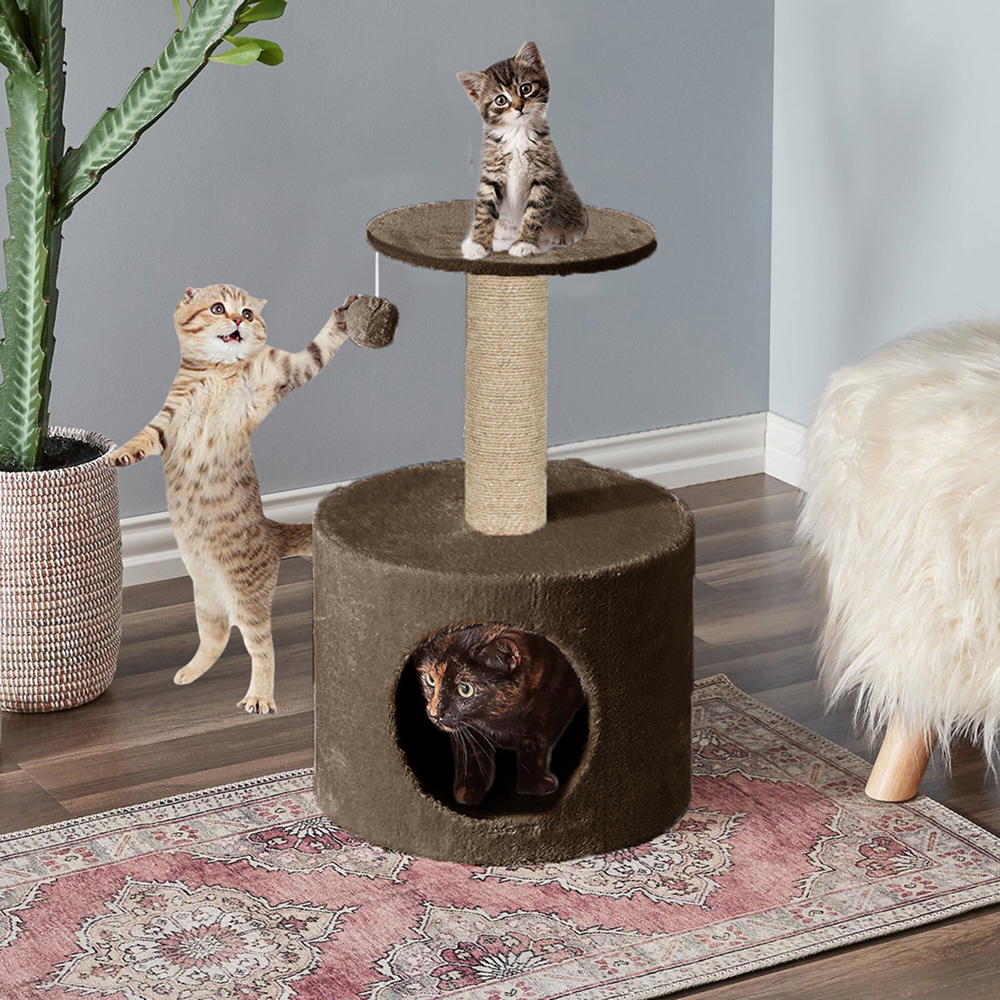 Furrlovers Plush Fur Cat Tree Condo with Jute Rope & Hanging Ball (Brown)