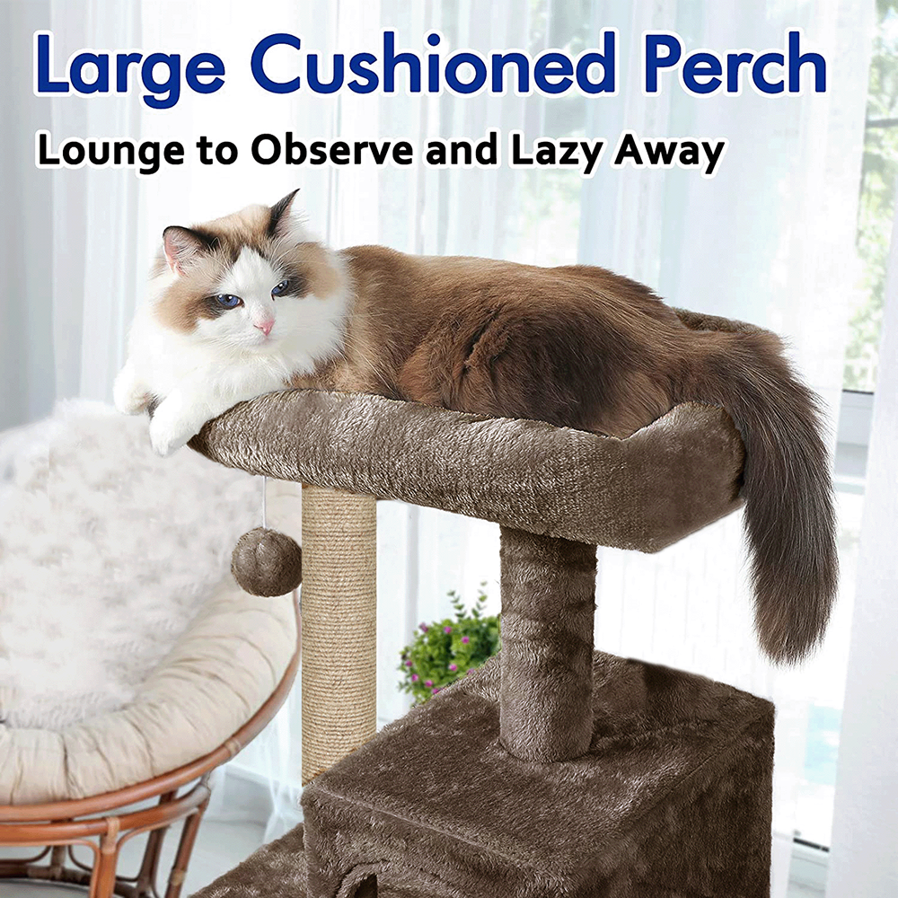 Furrlovers Plush Fabric Cat Tree with Top Bed, Hammock & Jute Rope Scratching Posts (Brown)