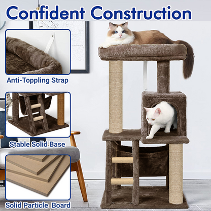Furrlovers Plush Fabric Cat Tree with Top Bed, Hammock & Jute Rope Scratching Posts (Brown)