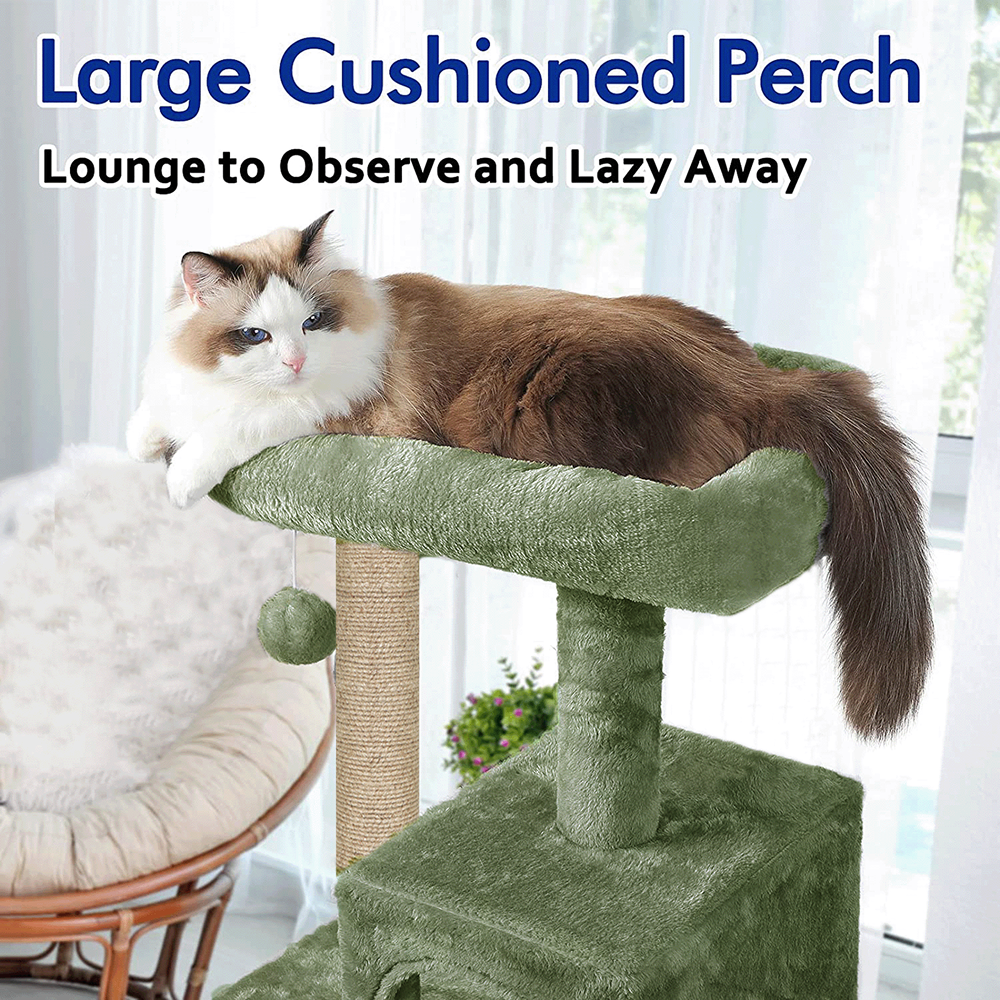 Furrlovers Plush Fabric Cat Tree with Top Bed, Hammock & Jute Rope Scratching Posts (Green)