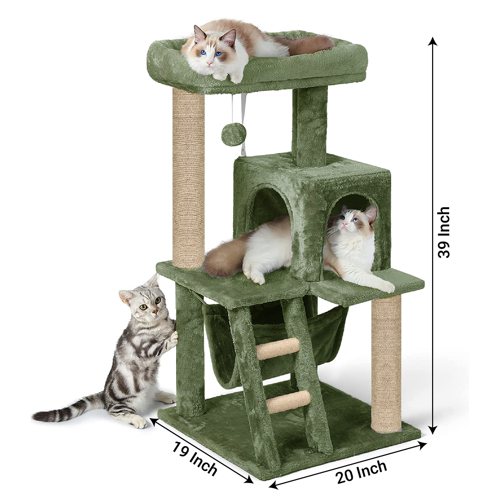 Furrlovers Plush Fabric Cat Tree with Top Bed, Hammock & Jute Rope Scratching Posts (Green)