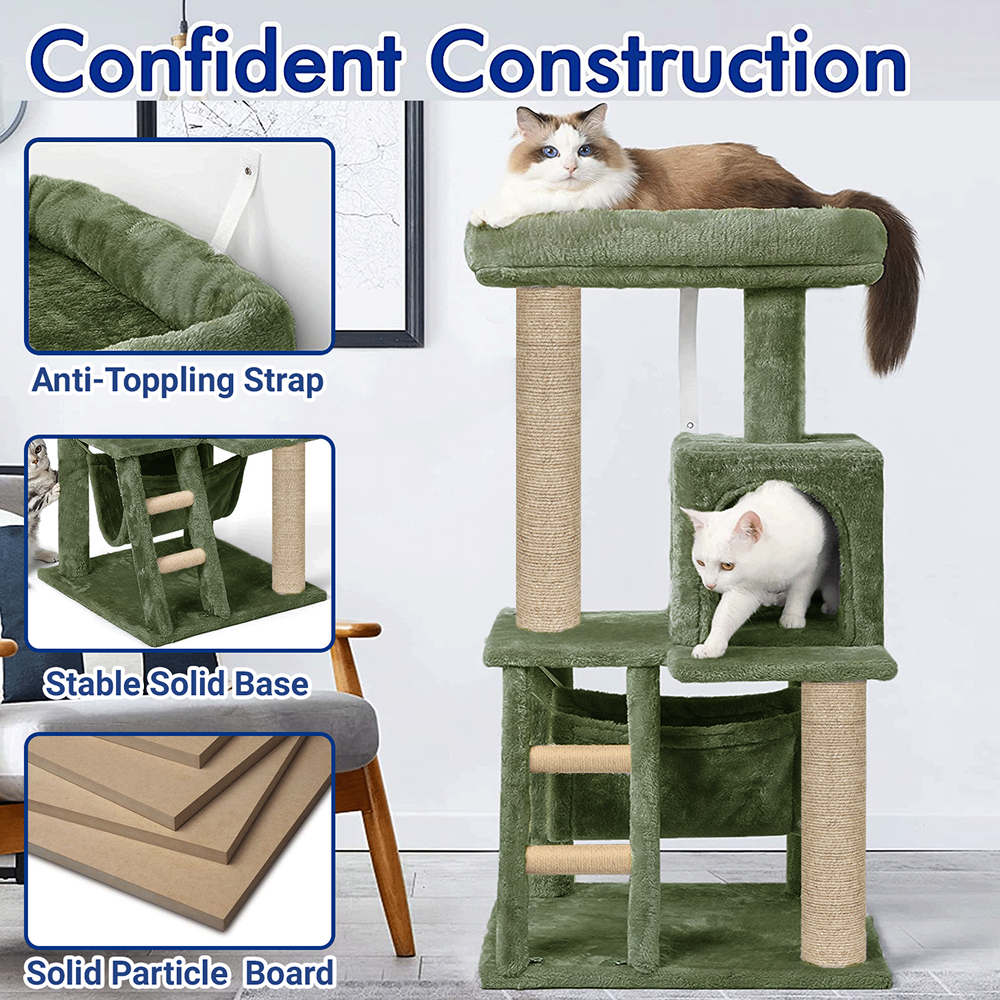 Furrlovers Plush Fabric Cat Tree with Top Bed, Hammock & Jute Rope Scratching Posts (Green)