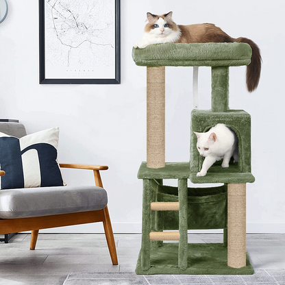 Furrlovers Plush Fabric Cat Tree with Top Bed, Hammock & Jute Rope Scratching Posts (Green)