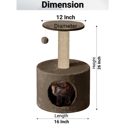 Furrlovers Plush Fur Cat Tree Condo with Jute Rope & Hanging Ball (Brown)
