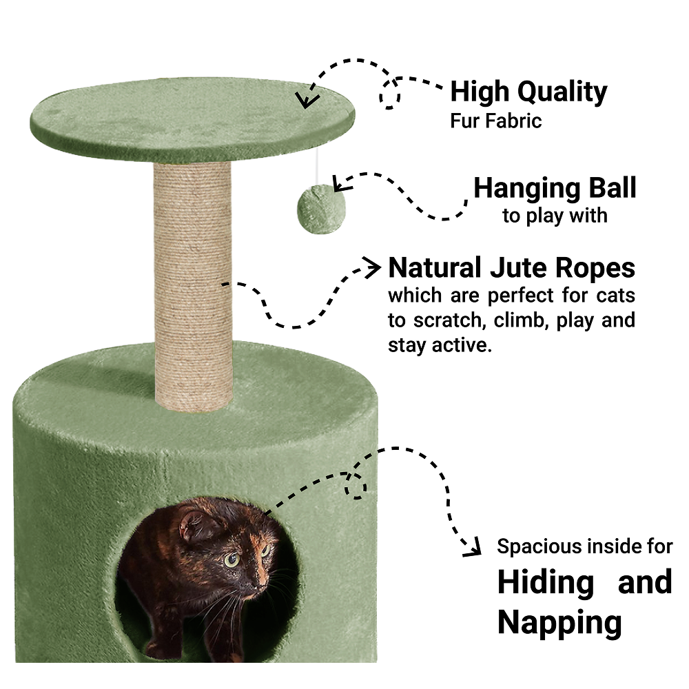 Furrlovers Plush Fur Cat Tree Condo with Jute Rope & Hanging Ball (Green)