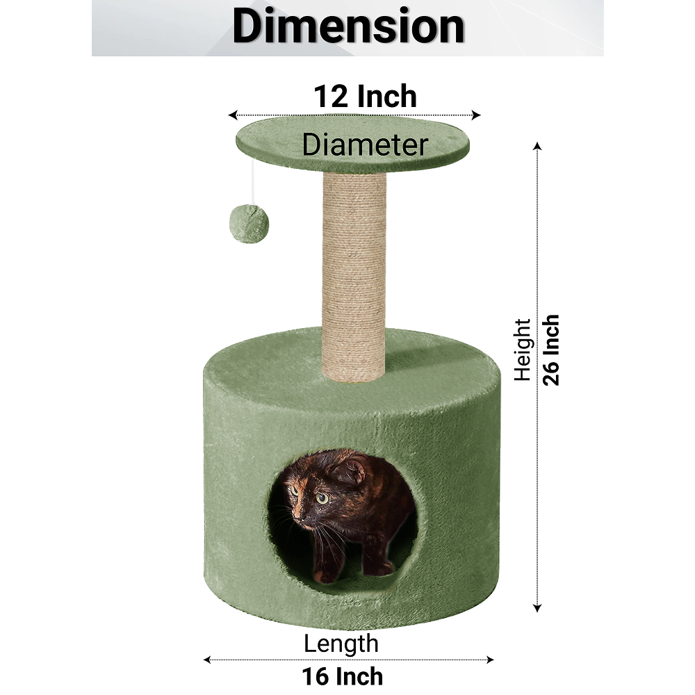 Furrlovers Plush Fur Cat Tree Condo with Jute Rope & Hanging Ball (Green)