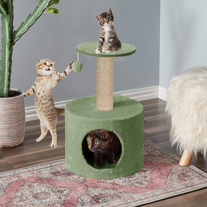Furrlovers Plush Fur Cat Tree Condo with Jute Rope & Hanging Ball (Green)