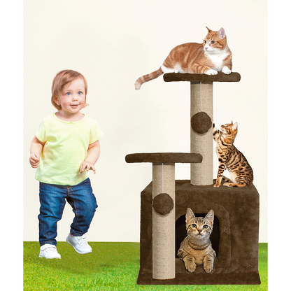 Furrlovers Soft Fur Activity Cat Tree with Natural Sisal Rope, Condo, Sisal Scratching Post & Hanging Ball Toys for Cats and Kittens (Brown)
