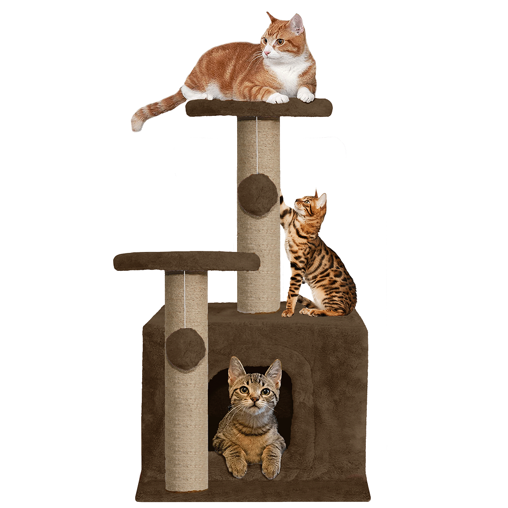 Furrlovers Soft Fur Activity Cat Tree with Natural Sisal Rope, Condo, Sisal Scratching Post & Hanging Ball Toys for Cats and Kittens (Brown)