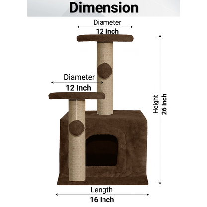 Furrlovers Soft Fur Activity Cat Tree with Natural Sisal Rope, Condo, Sisal Scratching Post & Hanging Ball Toys for Cats and Kittens (Brown)