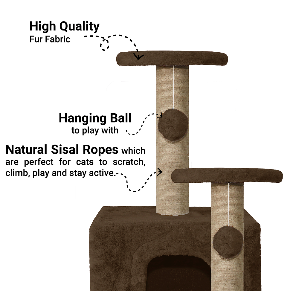 Furrlovers Soft Fur Activity Cat Tree with Natural Sisal Rope, Condo, Sisal Scratching Post & Hanging Ball Toys for Cats and Kittens (Brown)