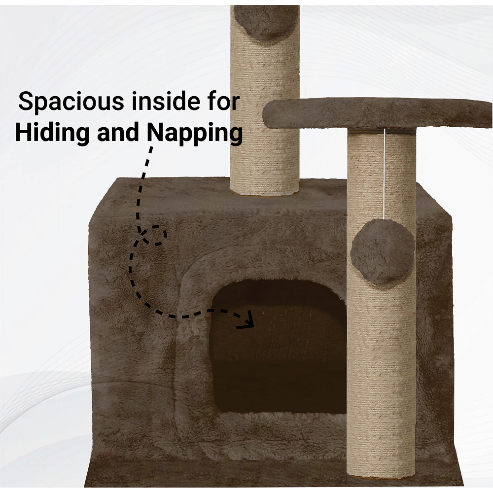 Furrlovers Soft Fur Activity Cat Tree with Natural Sisal Rope, Condo, Sisal Scratching Post & Hanging Ball Toys for Cats and Kittens (Brown)