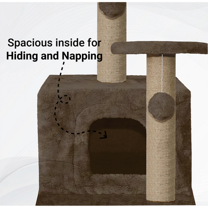 Furrlovers Soft Fur Activity Cat Tree with Natural Sisal Rope, Condo, Sisal Scratching Post & Hanging Ball Toys for Cats and Kittens (Brown)