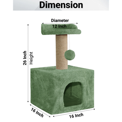 Furrlovers Soft Fur Condo Cat Tree with Sisal/Jute Scratching Post & Hanging Ball (Green)