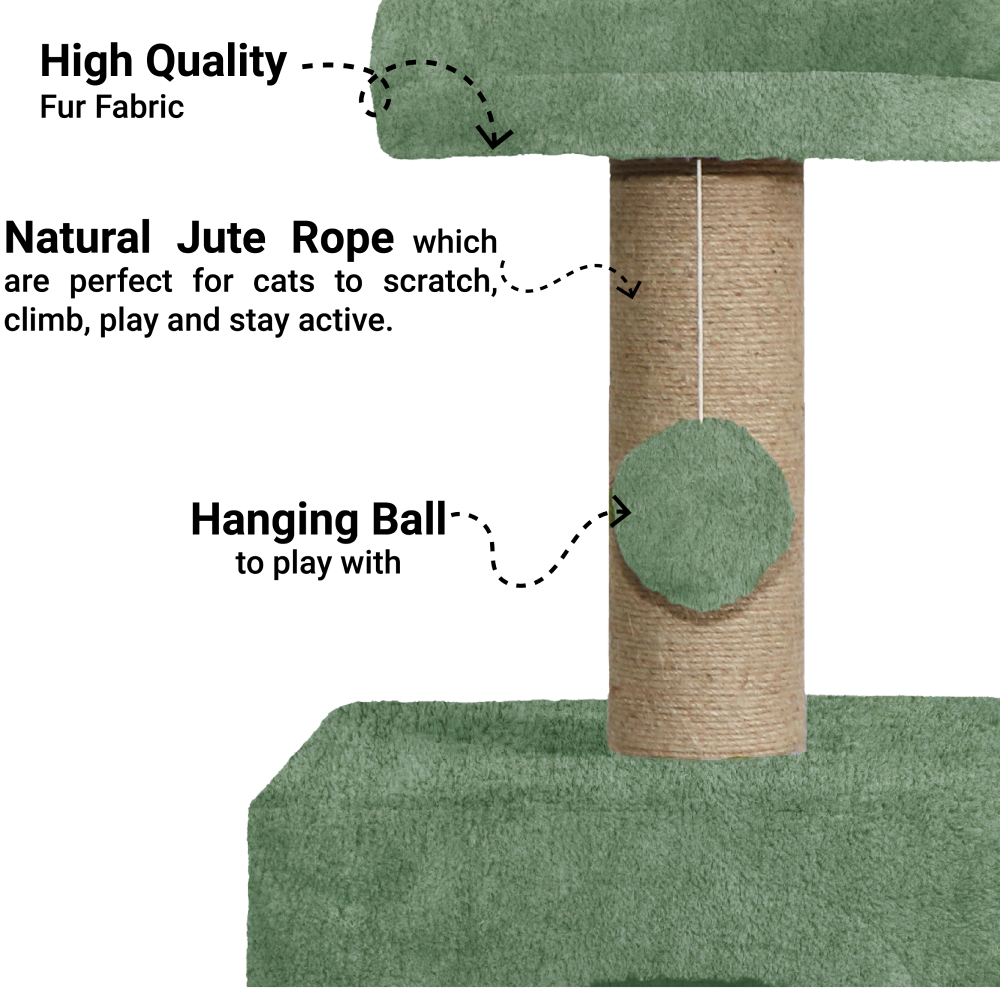 Furrlovers Soft Fur Condo Cat Tree with Sisal/Jute Scratching Post & Hanging Ball (Green)