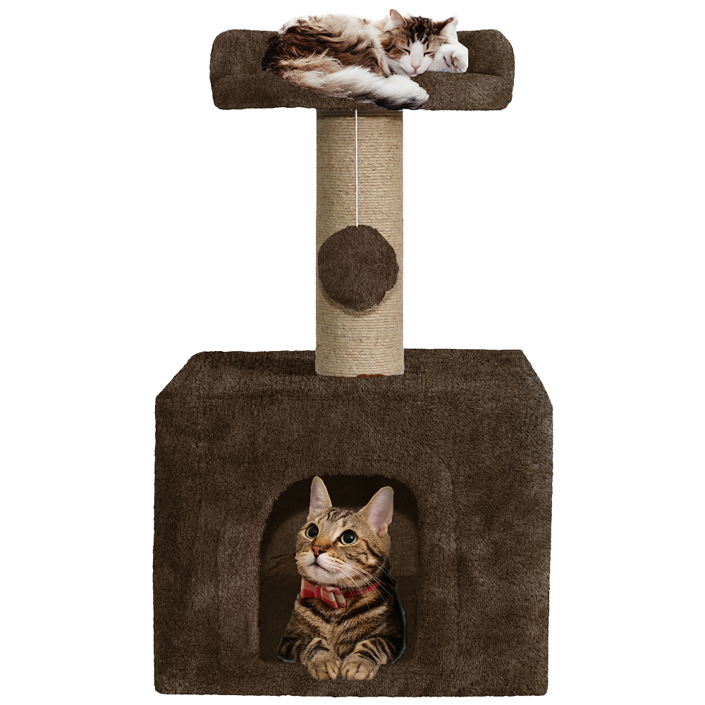 Furrlovers Soft Fur Condo Cat Tree with Sisal/Jute Scratching Post & Hanging Ball (Brown)