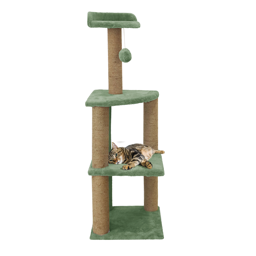 Furrlovers Three Floor Soft Fur Activity Cat Tree for Kittens & Cats with Scratching Post, Natural Sisal Rope & Hanging Ball (Green)