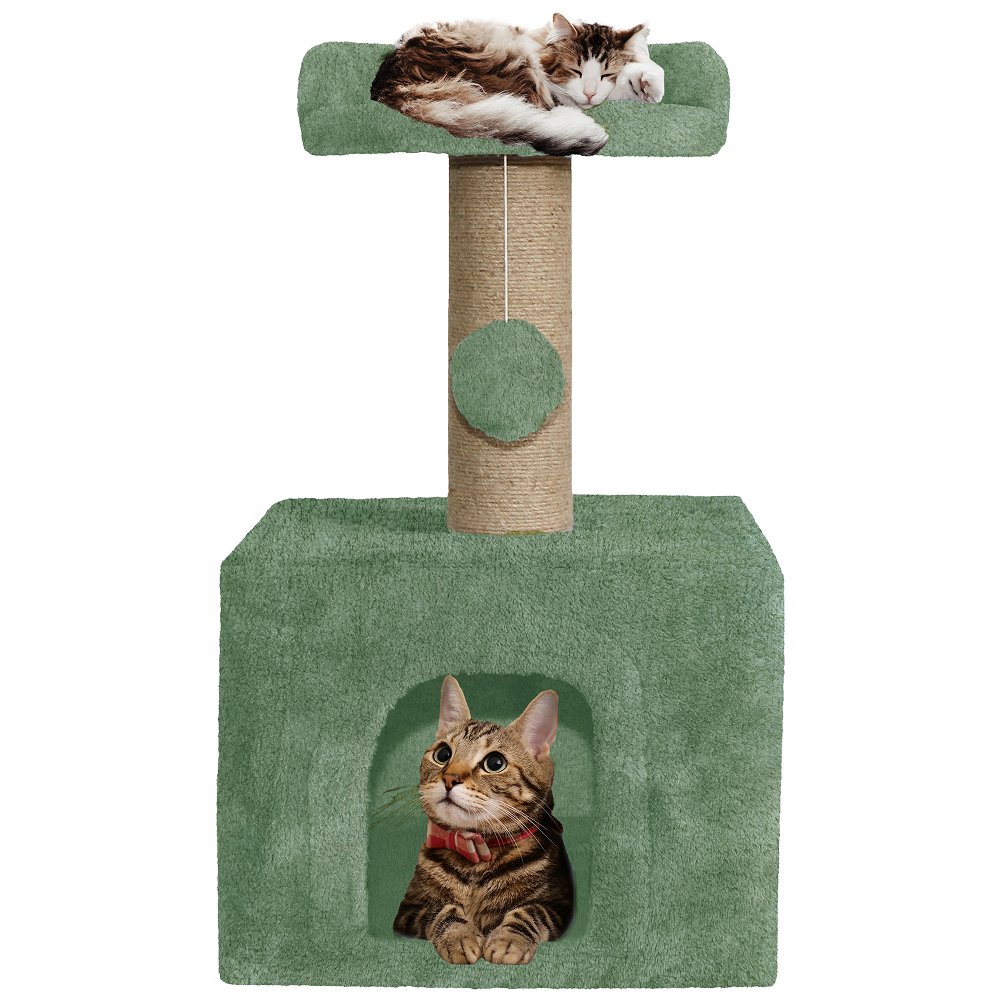 Furrlovers Soft Fur Condo Cat Tree with Sisal/Jute Scratching Post & Hanging Ball (Green)