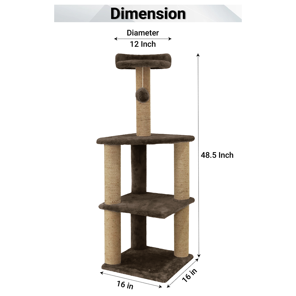 Furrlovers Three Floor Soft Fur Activity Cat Tree for Kittens & Cats with Scratching Post, Natural Sisal Rope & Hanging Ball (Brown)