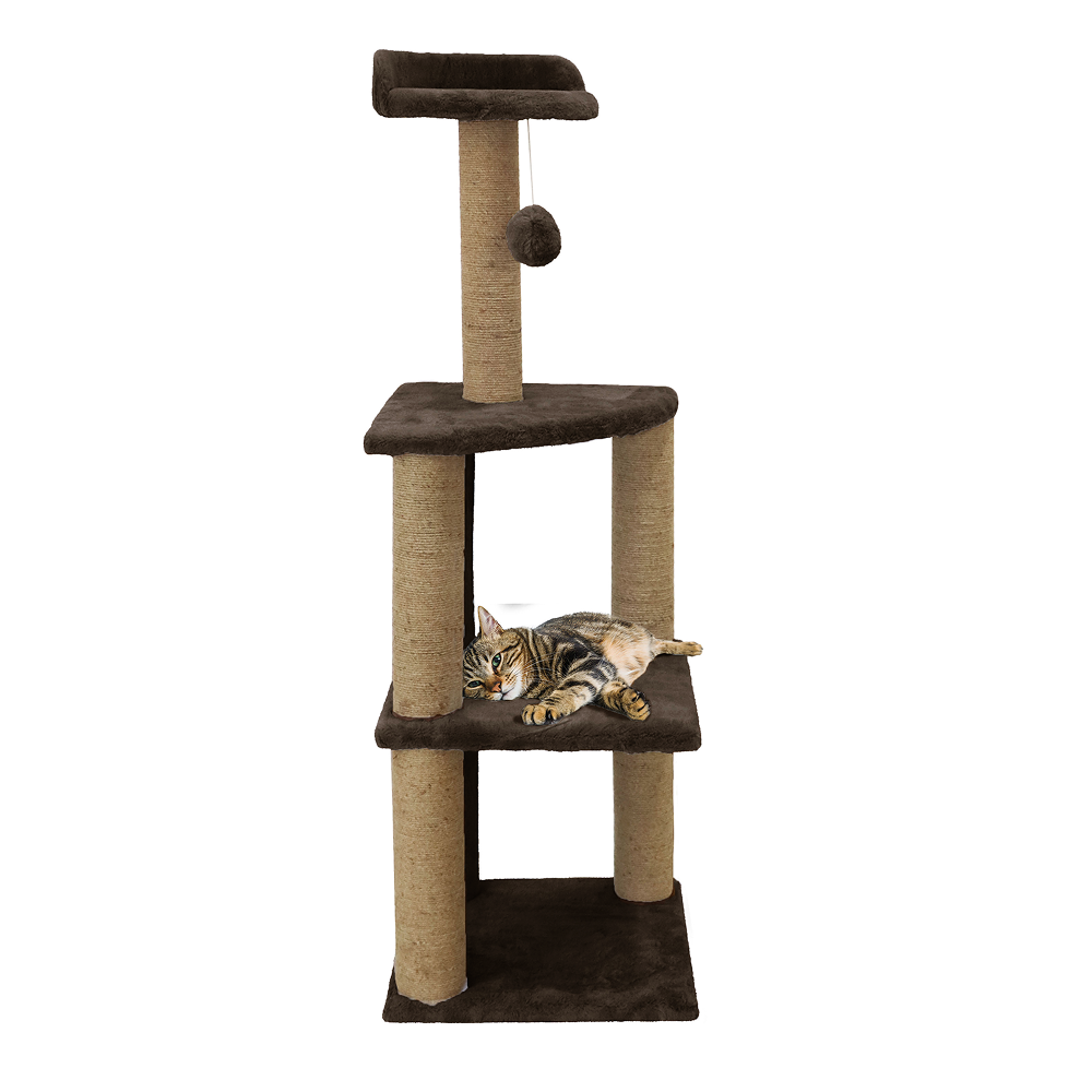 Furrlovers Three Floor Soft Fur Activity Cat Tree for Kittens & Cats with Scratching Post, Natural Sisal Rope & Hanging Ball (Brown)