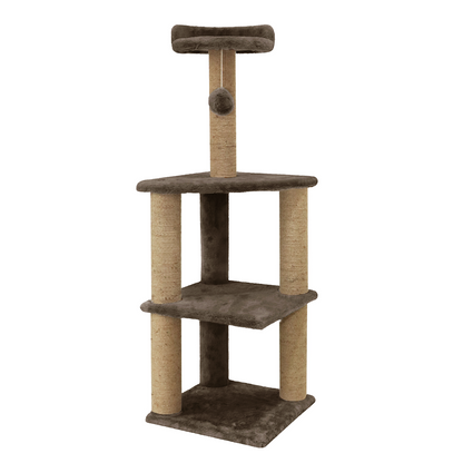 Furrlovers Three Floor Soft Fur Activity Cat Tree for Kittens & Cats with Scratching Post, Natural Sisal Rope & Hanging Ball (Brown)