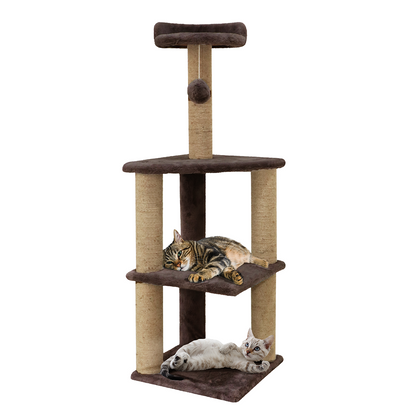 Furrlovers Three Floor Soft Fur Activity Cat Tree for Kittens & Cats with Scratching Post, Natural Sisal Rope & Hanging Ball (Brown)