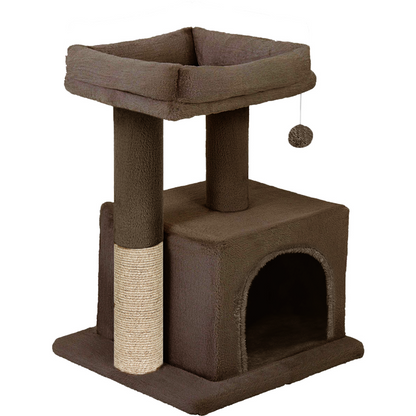 Furrlovers Plush Condo Cat Tree with Top Perch, Hanging Ball & Scratching Post (Brown)