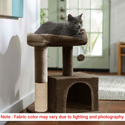 Furrlovers Plush Condo Cat Tree with Top Perch, Hanging Ball & Scratching Post (Brown)