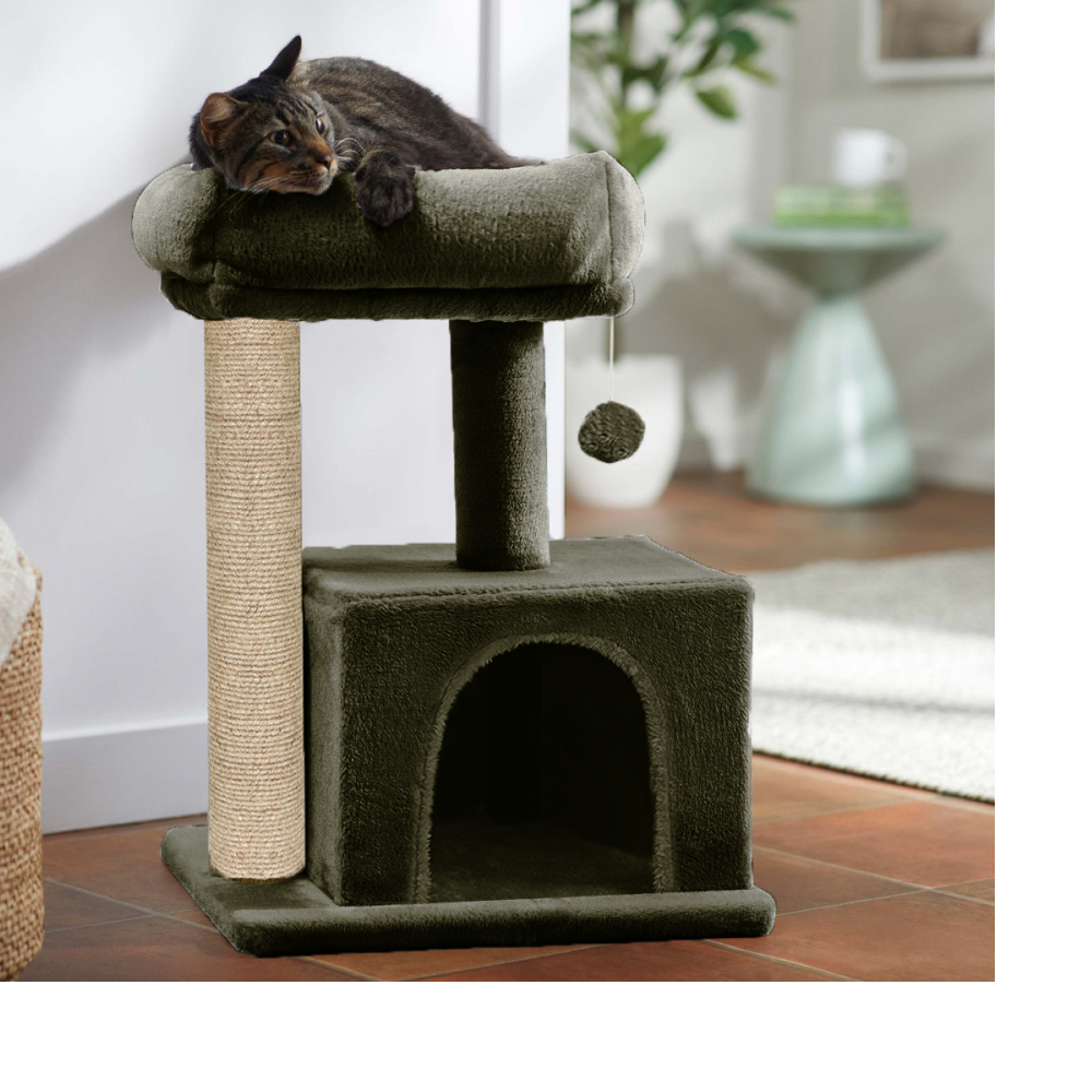 Furrlovers Plush Condo Cat Tree with Top Perch, Hanging Ball & Scratching Post (Green)