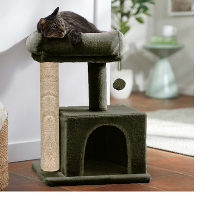 Furrlovers Plush Condo Cat Tree with Top Perch, Hanging Ball & Scratching Post (Green)