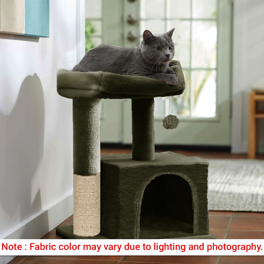 Furrlovers Plush Condo Cat Tree with Top Perch, Hanging Ball & Scratching Post (Green)