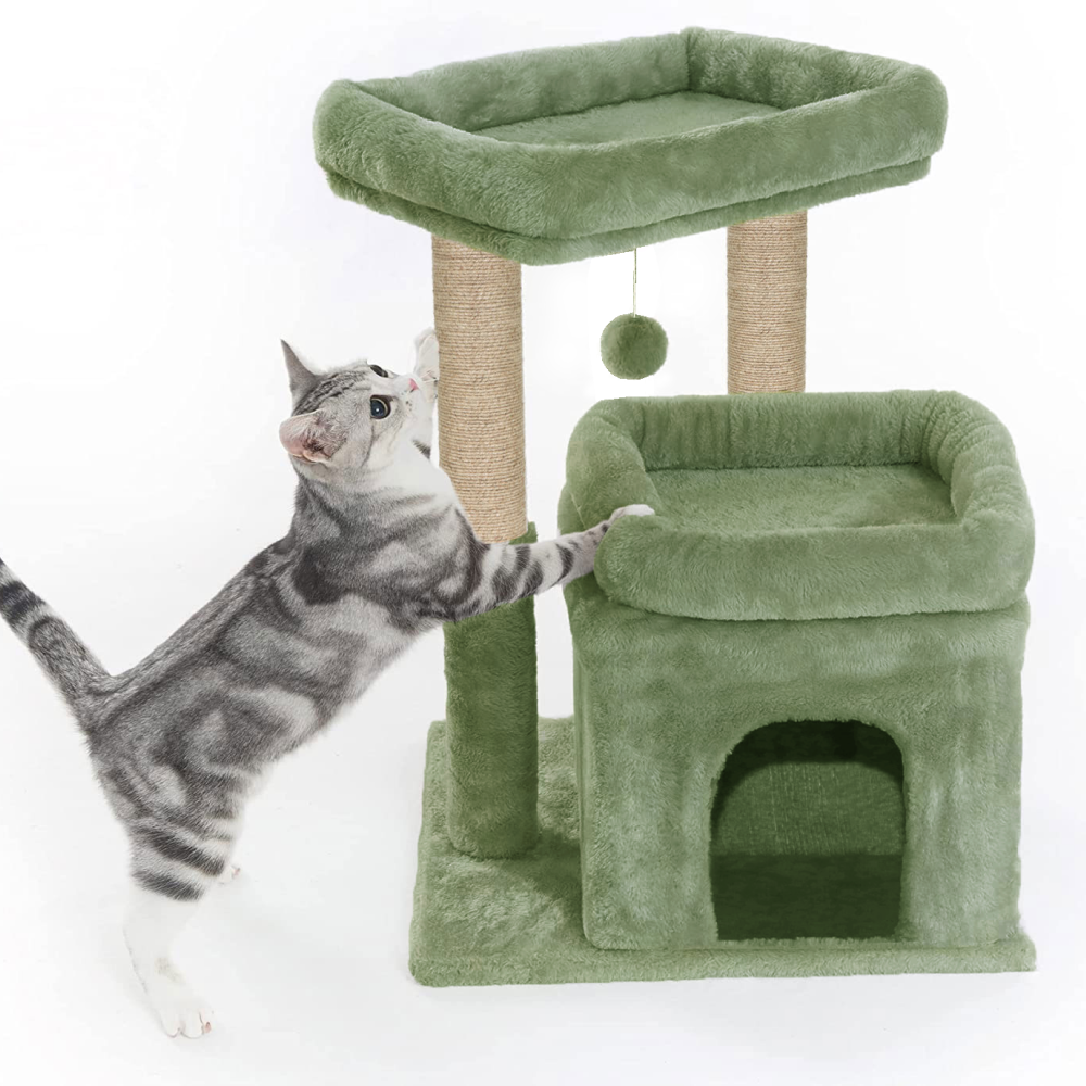 Furrlovers Plush Cat Tree with Scratching Post, Bed & Toy (Green)