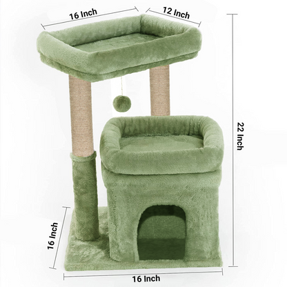 Furrlovers Plush Cat Tree with Scratching Post, Bed & Toy (Green)
