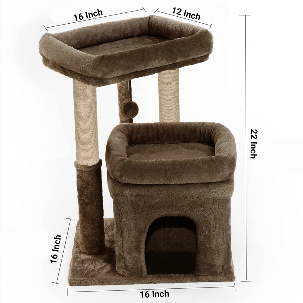 Furrlovers Plush Cat Tree with Scratching Post, Bed & Toy (Brown)