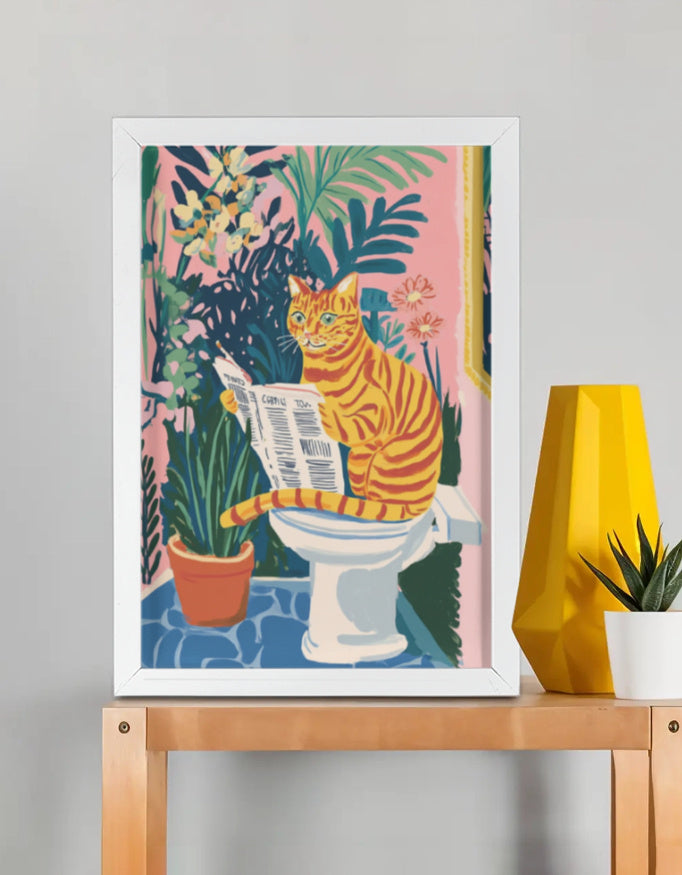 EverythingBoho The News Hungry Cat Wall Art (White)