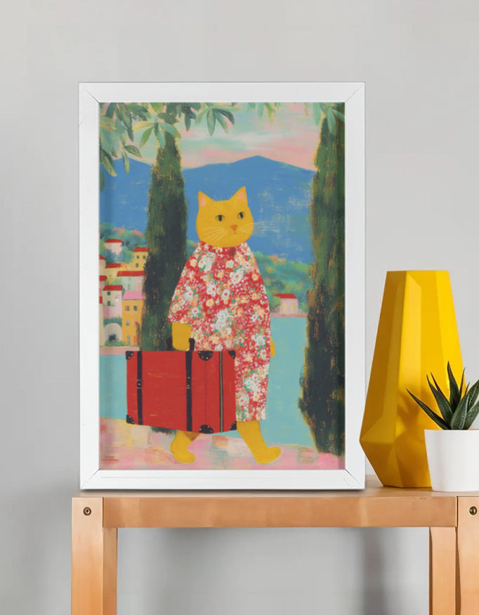 EverythingBoho Cat The Traveller Framed Poster (White)