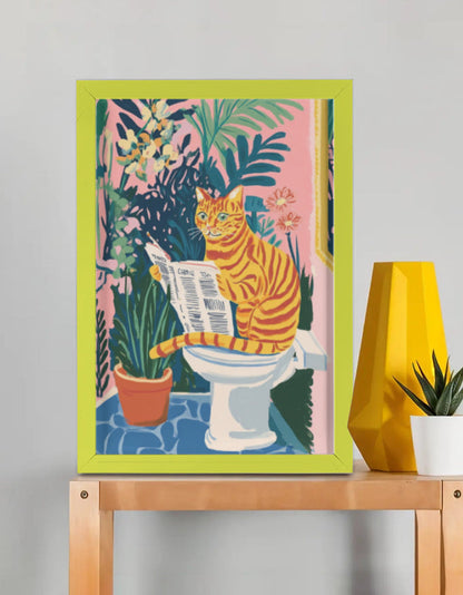 EverythingBoho The News Hungry Cat Wall Art (Olive Green)